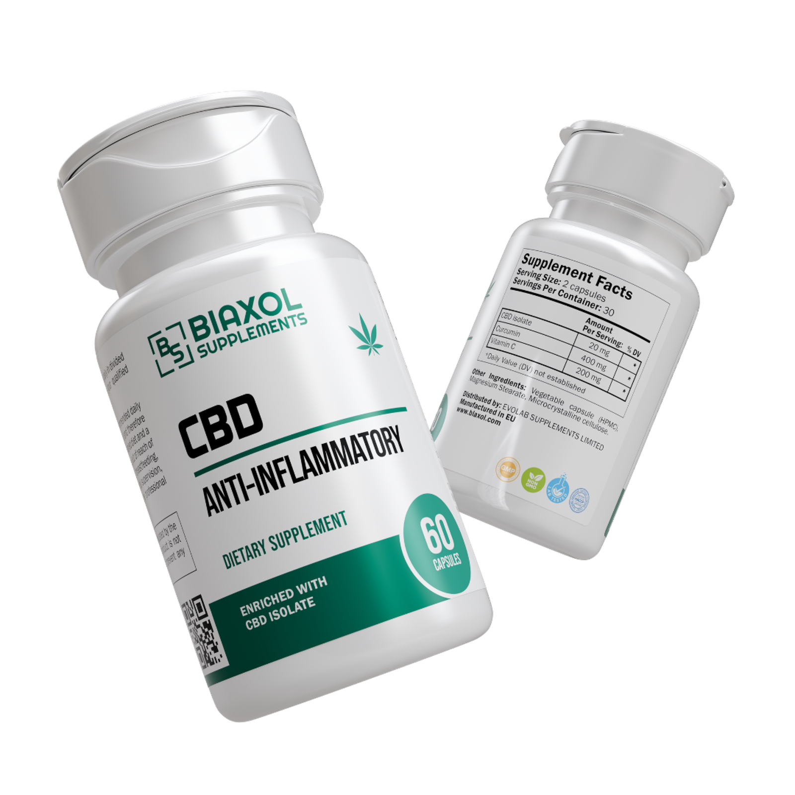 CBD Anti-Inflammatory Capsules Bottle and Supplement Facts, Angled View